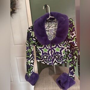 Y2K Bright Green Purple Star Crop Sweater With Faux Fur Collar From ENZ NYC 1of1
